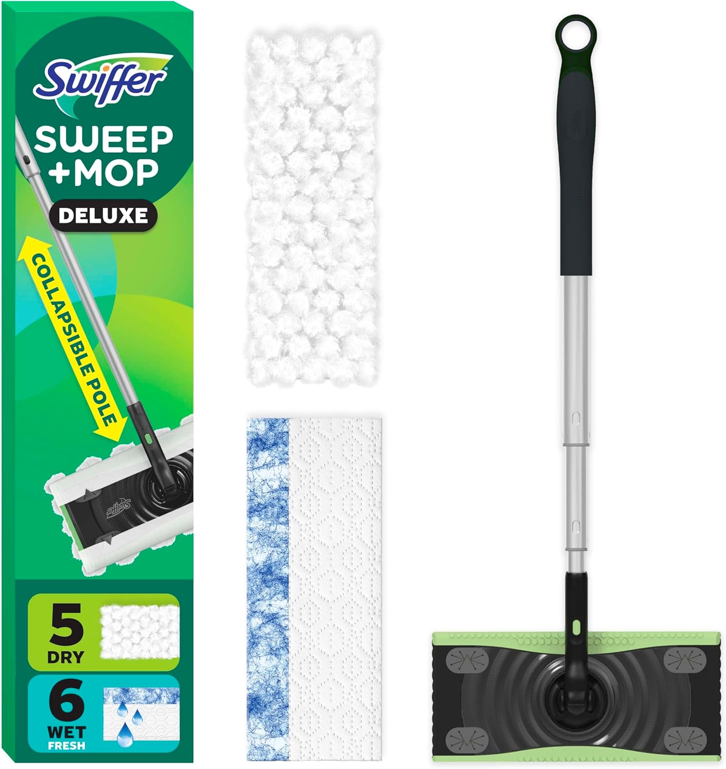 Sweep & Mop Deluxe 2-In-1 Floor Mopping and Sweeping Kit, Multi-Surface Kit for Floor Cleaning, Kit Includes 1 Sweeper Device, 5 Heavy Duty Dry Sweeping Cloths, 6 Heavy Duty Wet Mopping Cloths